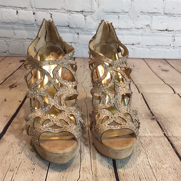 Zigisoho shoes tan and rhinestone cutout 5” high heels - Picture 1 of 7